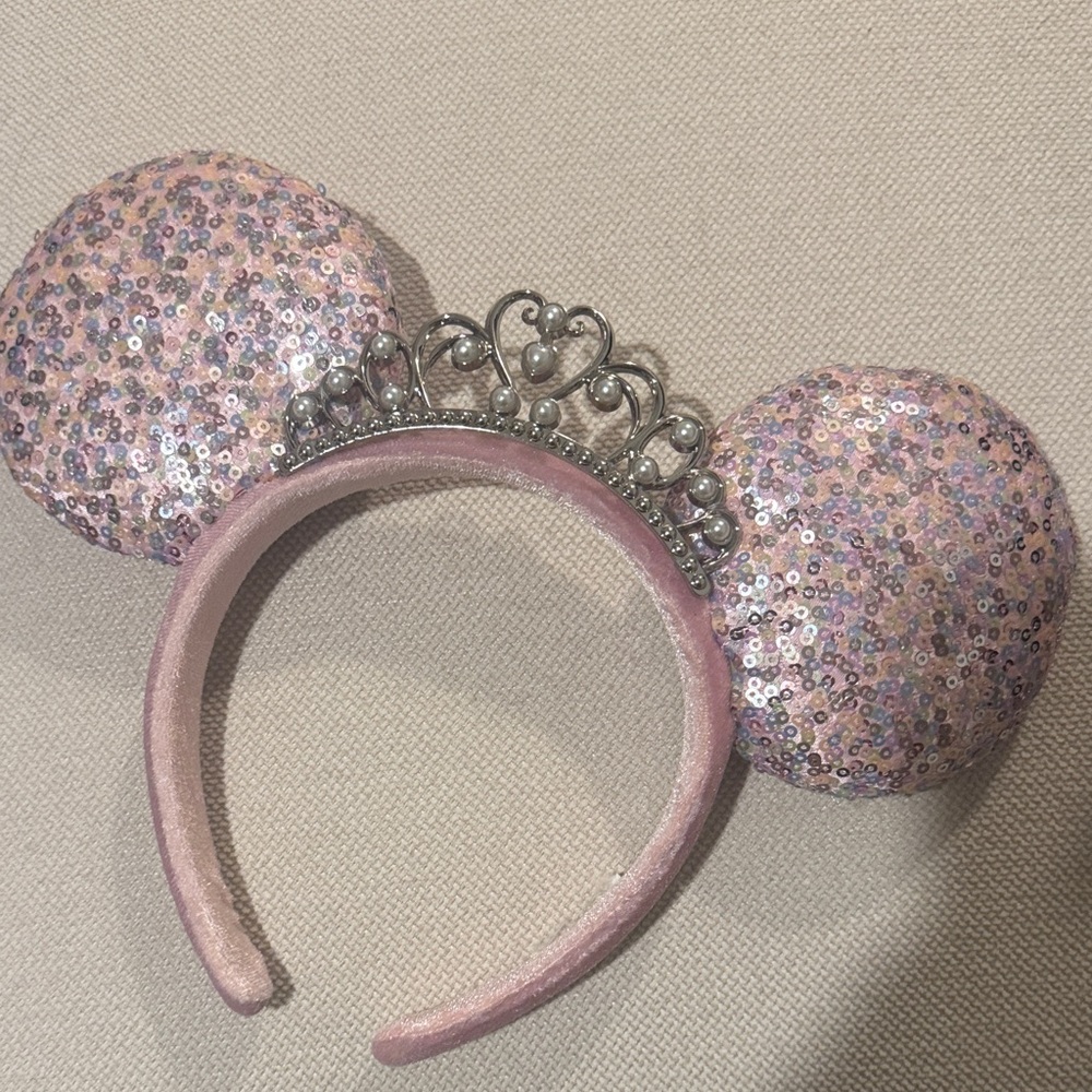 Sparkly Pink Mouse Ears Headband with Silver Tiara